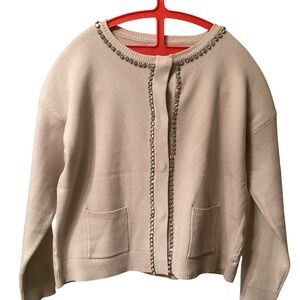 Sioni Womens Rhinestone Trim Cardigan Sweater Winter White Sz L NWT 15716-703-1